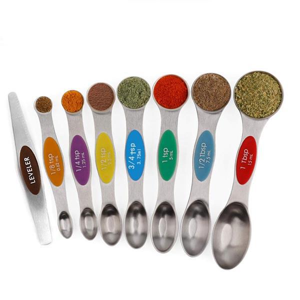 The Deal Society Magnetic Dual Sided Measuring Stainless Steel Spoons with Leveler is a set of 8 spoons, each labeled with colorful measurements from 1/8 tsp to 1 tbsp, and includes a metal leveler on the left.